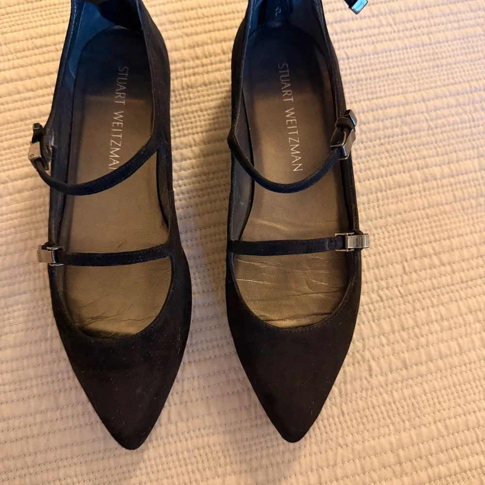 Stuart Weitzman Women's Black Suede Multi Strap Mary Jane Pointed Toe Flats 6.5M